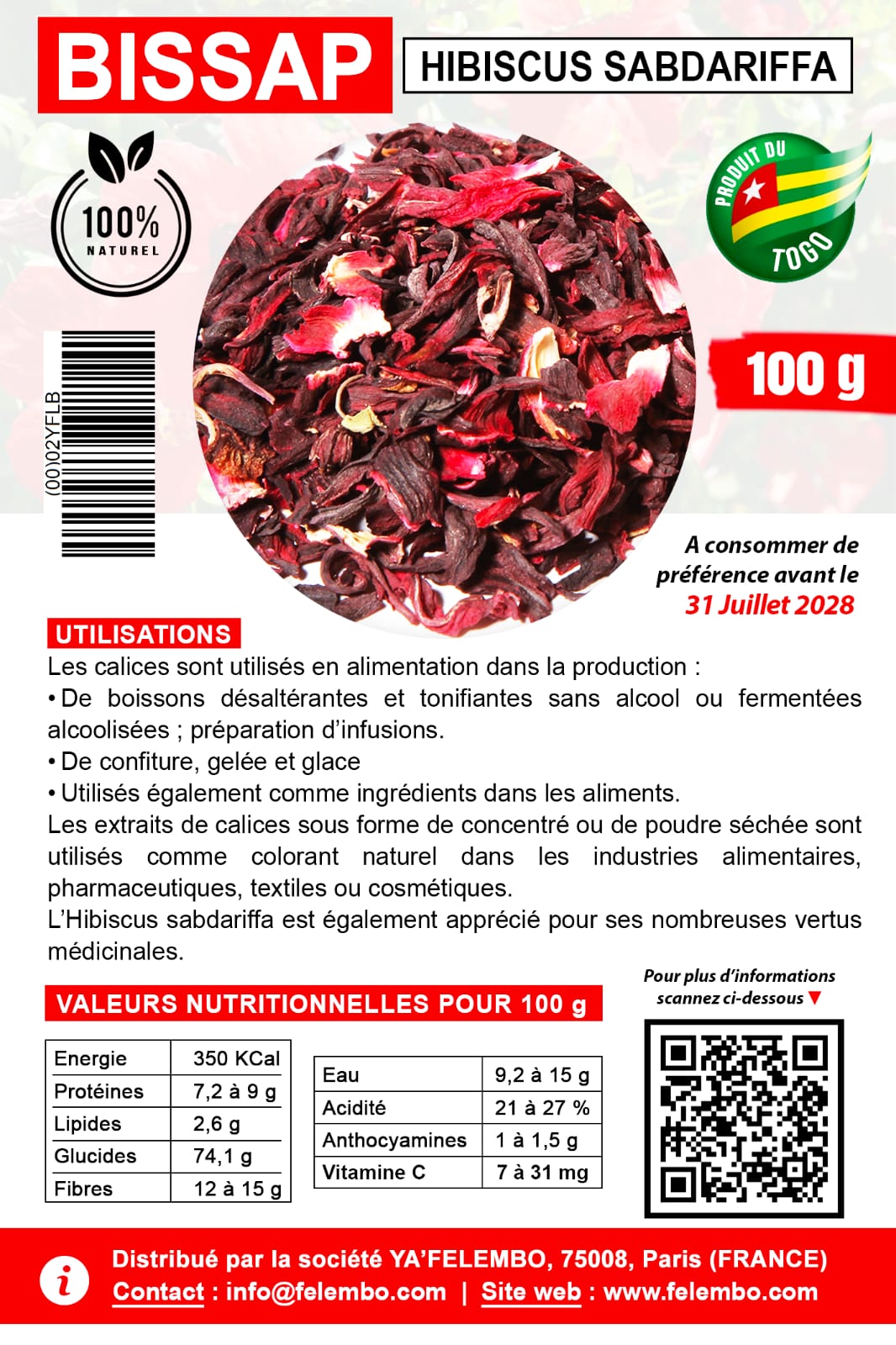 Fleurs d'Hibiscus Séchées (Bissap) - Qualité Premium